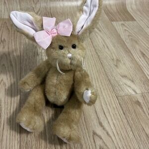 Bearington Collection Plush Bunny Kids 12in Tan Pink Bow Rosebud 100890